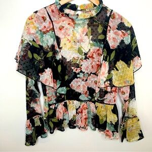 Gimmicks Size Small Top Fairy Whimsigoth Ruffle Long Sleeve Sheer Black Floral